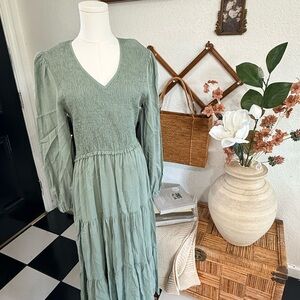 bohme Sage Green Long Sleeve Smocked V-Neck Maxi Dress